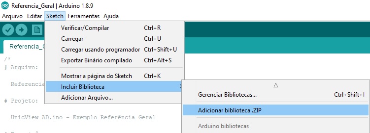 Screenshot Inclusão de biblioteca .zip no Arduino