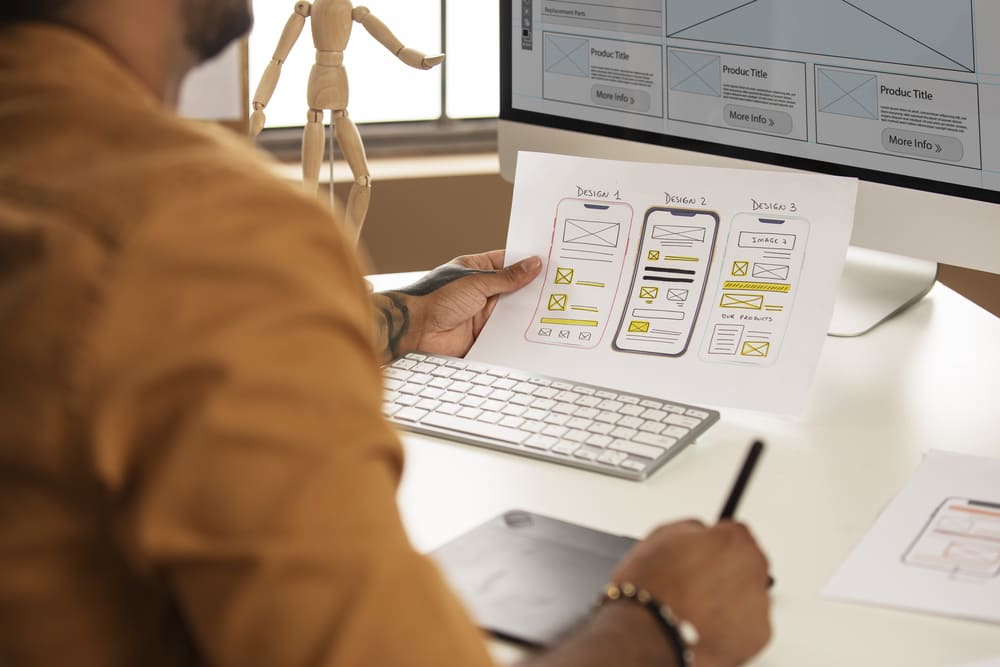 Designer em escritório segurando uma folha de papel com três opções de design de interface, as quais demonstram elementos navegação em telas de aplicativo mobile