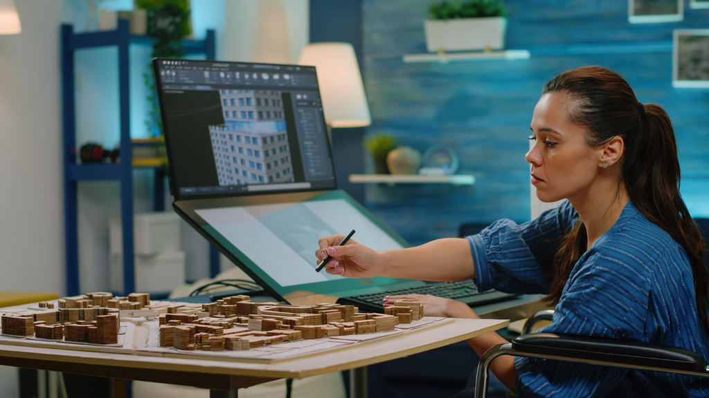 Mulher usando mesa com interface touchscreen para desenhar maquete 3D