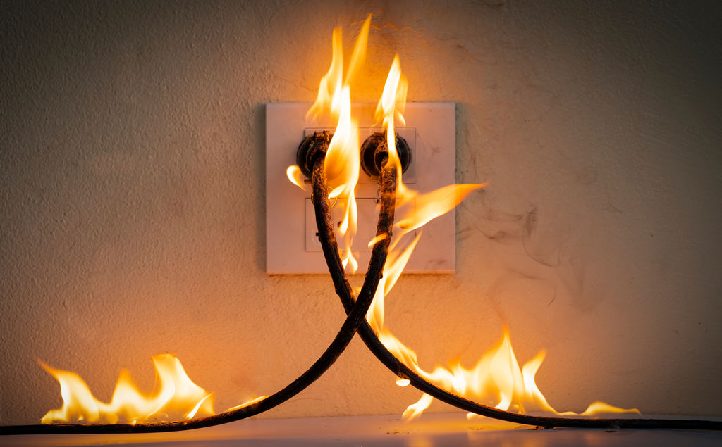 Dois cabos conectados em tomada, pegando fogo, representando cuidados com conectores elétricos