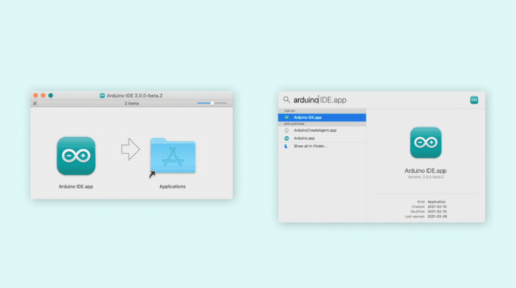 Duas telas de instalação do Arduino IDE em macOS