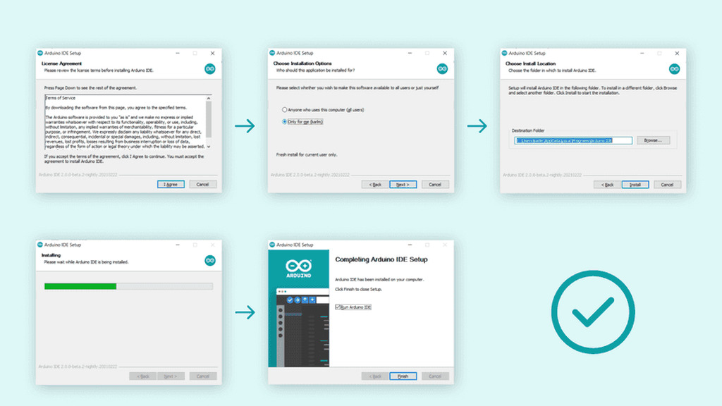 Cinco telas de instalação do Arduino IDE no Windows