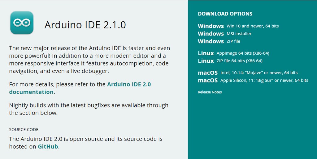 Tela com informações em inglês sobre Arduino IDE 2.1, e uma barra lateral com as opções de download: Windows, Linux e macOS